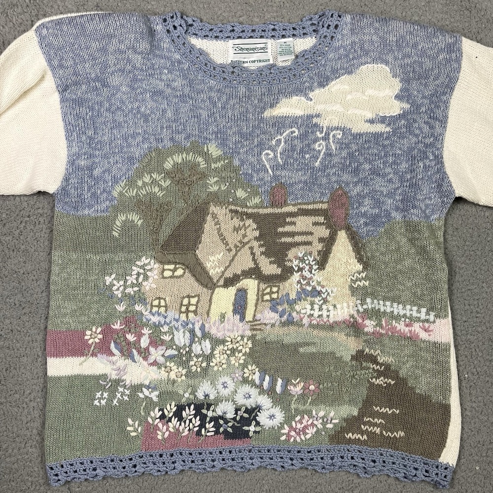 Vintage Shenanigans Sweater Hand Knit Cottage Cottagecore Granny House Medium - Picture 7 of 12